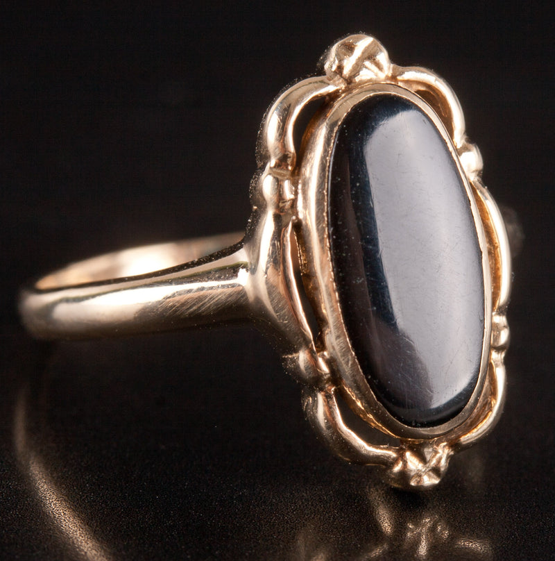 10k Yellow Gold Oval Cabochon Inlay Onyx Solitaire Ring 1.92g Size 5.5