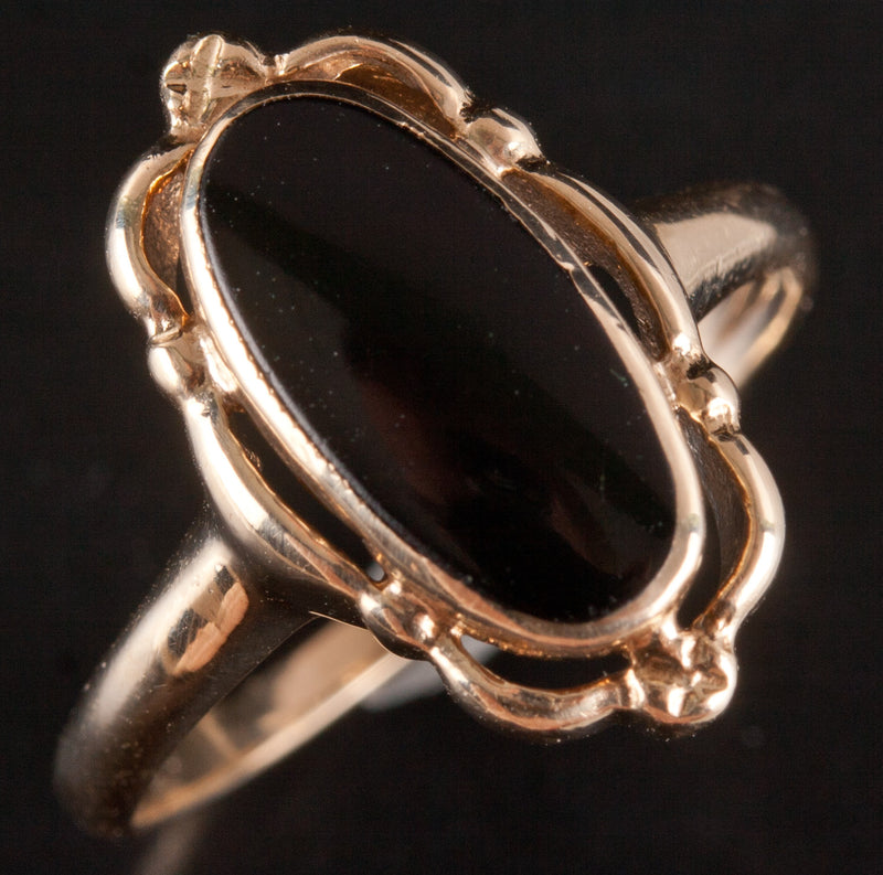 10k Yellow Gold Oval Cabochon Inlay Onyx Solitaire Ring 1.92g Size 5.5
