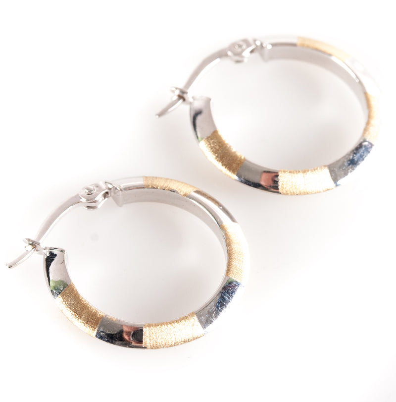 14k Yellow White Gold Two-Tone Brushed Style Hoop Earrings 1.7g