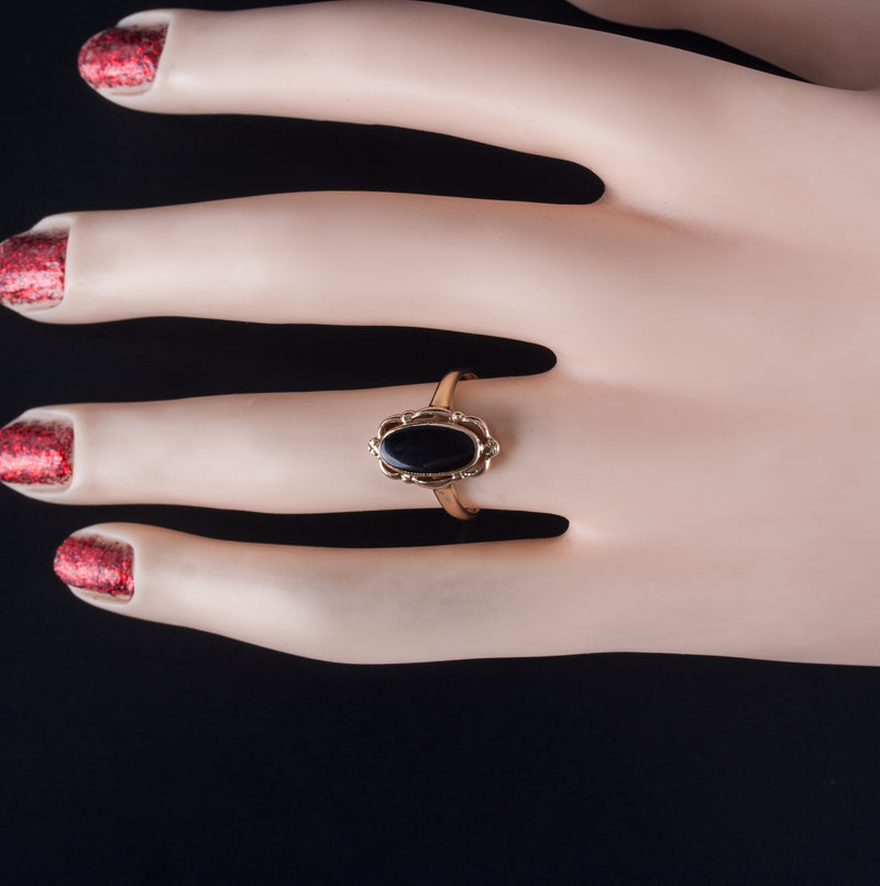 10k Yellow Gold Oval Cabochon Inlay Onyx Solitaire Ring 1.92g Size 5.5