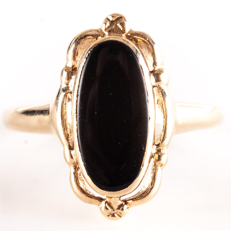 10k Yellow Gold Oval Cabochon Inlay Onyx Solitaire Ring 1.92g Size 5.5