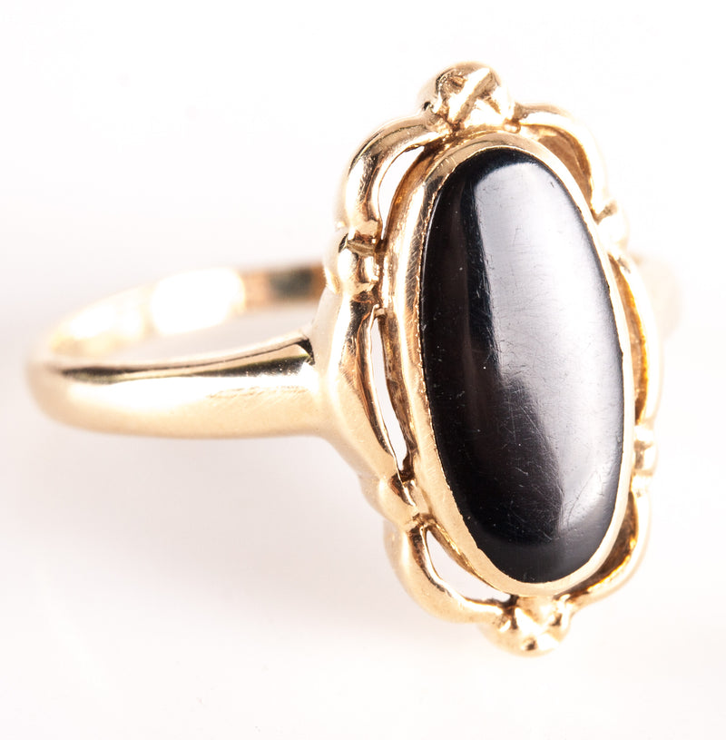 10k Yellow Gold Oval Cabochon Inlay Onyx Solitaire Ring 1.92g Size 5.5