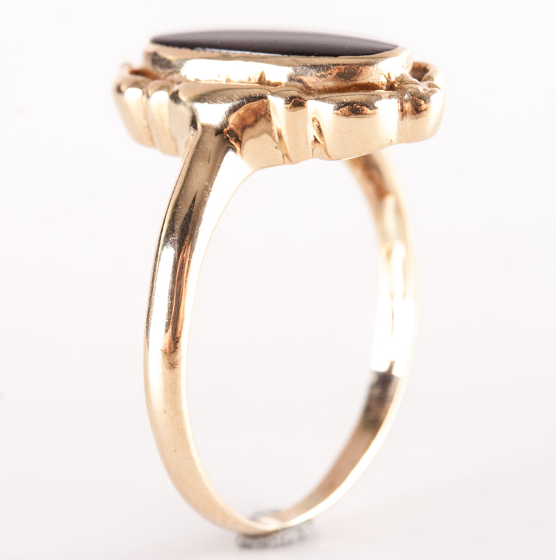 10k Yellow Gold Oval Cabochon Inlay Onyx Solitaire Ring 1.92g Size 5.5