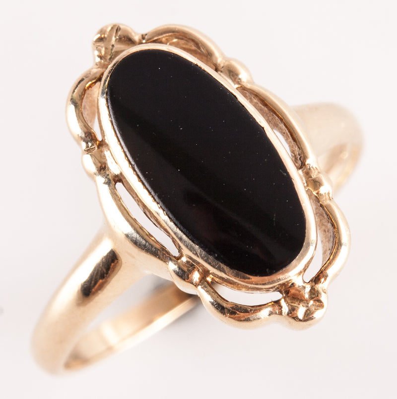 10k Yellow Gold Oval Cabochon Inlay Onyx Solitaire Ring 1.92g Size 5.5