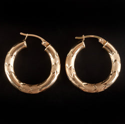14k Yellow Gold Etched Textured Style Hollow Hoop Earrings 2.75g