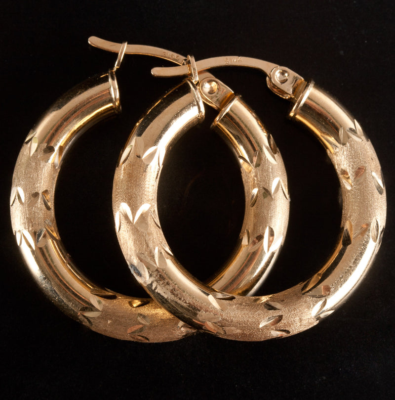 14k Yellow Gold Etched Textured Style Hollow Hoop Earrings 2.75g