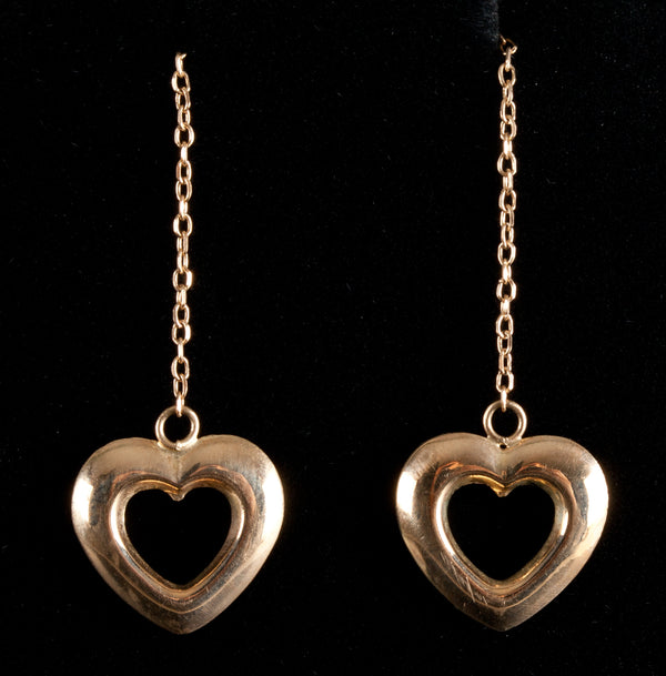 14k Yellow Gold Heart Threader Style Earrings .85g 2" Chain Length