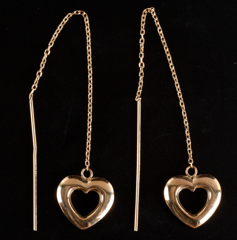 14k Yellow Gold Heart Threader Style Earrings .85g 2" Chain Length