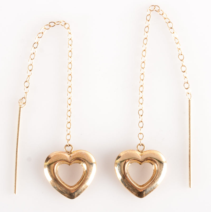 14k Yellow Gold Heart Threader Style Earrings .75g 2" Chain Length