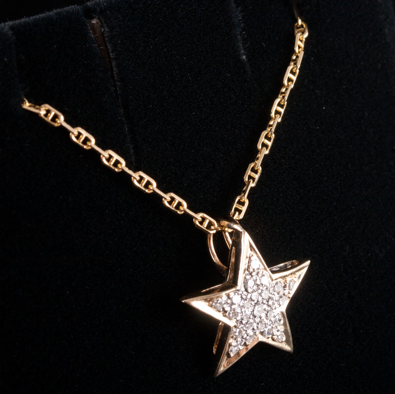 14k Yellow White Gold Round Diamond Star Necklace W/ 18" Chain .11ctw 3.99g