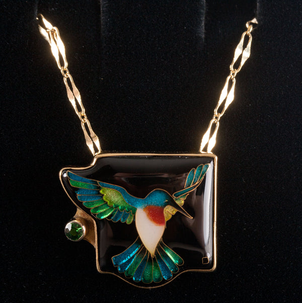 18k Yellow Gold AA Tsavorite Garnet Enamel Hummingbird Necklace W/ 19.5" Chain