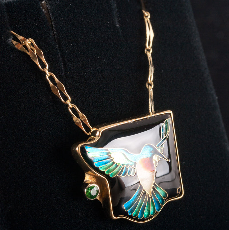 18k Yellow Gold AA Tsavorite Garnet Enamel Hummingbird Necklace W/ 19.5" Chain