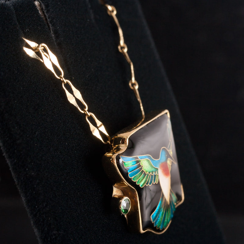 18k Yellow Gold AA Tsavorite Garnet Enamel Hummingbird Necklace W/ 19.5" Chain