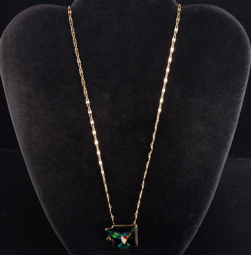 18k Yellow Gold AA Tsavorite Garnet Enamel Hummingbird Necklace W/ 19.5" Chain