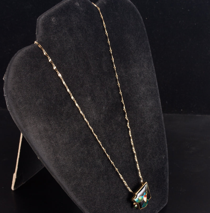 18k Yellow Gold AA Tsavorite Garnet Enamel Hummingbird Necklace W/ 19.5" Chain