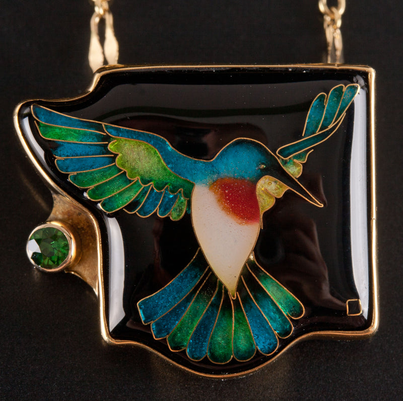 18k Yellow Gold AA Tsavorite Garnet Enamel Hummingbird Necklace W/ 19.5" Chain