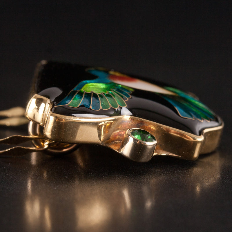 18k Yellow Gold AA Tsavorite Garnet Enamel Hummingbird Necklace W/ 19.5" Chain
