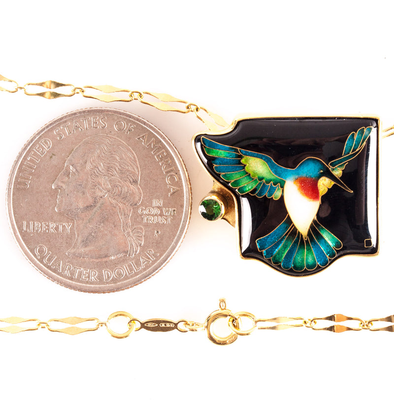 18k Yellow Gold AA Tsavorite Garnet Enamel Hummingbird Necklace W/ 19.5" Chain