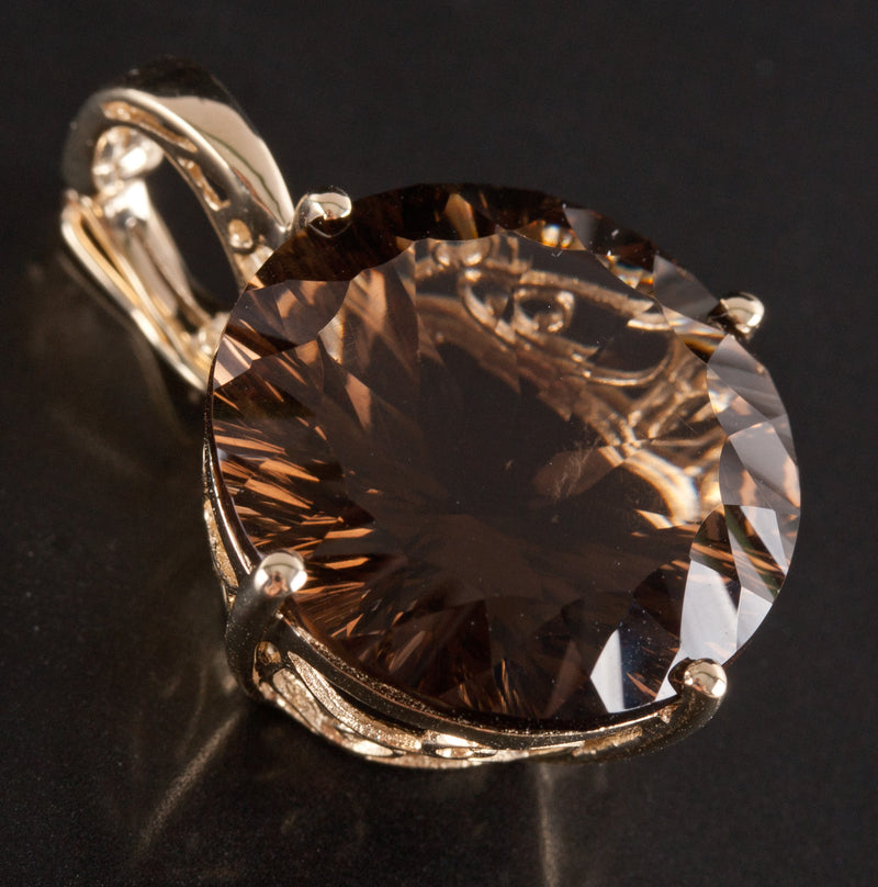 10k Yellow Gold Round Smoky Quartz Solitaire Style Pendant 13.92ct 5.85g