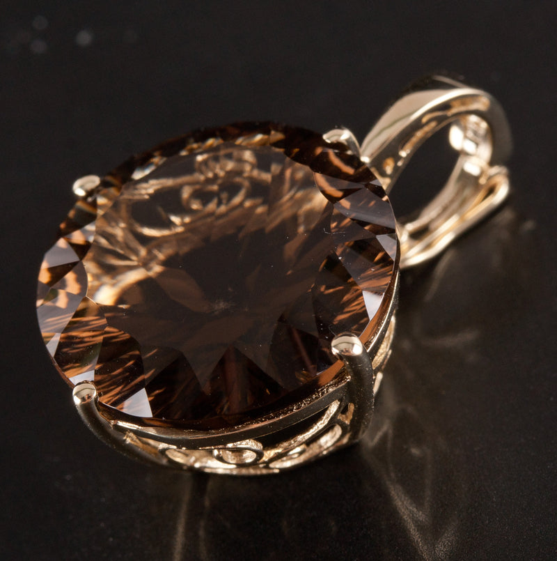 10k Yellow Gold Round Smoky Quartz Solitaire Style Pendant 13.92ct 5.85g