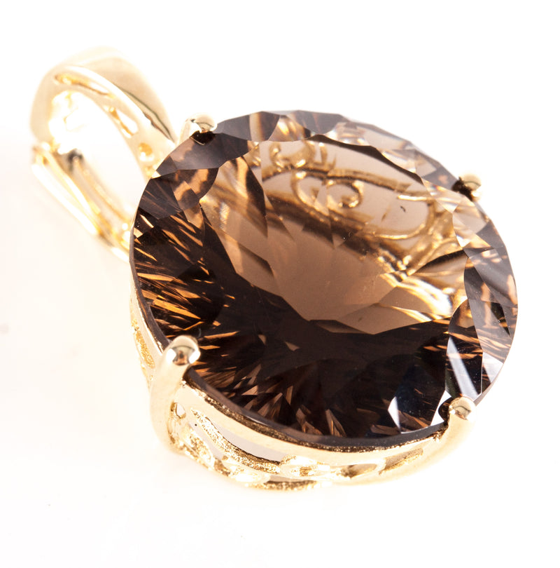 10k Yellow Gold Round Smoky Quartz Solitaire Style Pendant 13.92ct 5.85g
