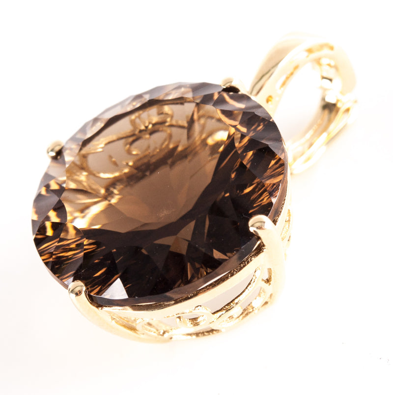10k Yellow Gold Round Smoky Quartz Solitaire Style Pendant 13.92ct 5.85g
