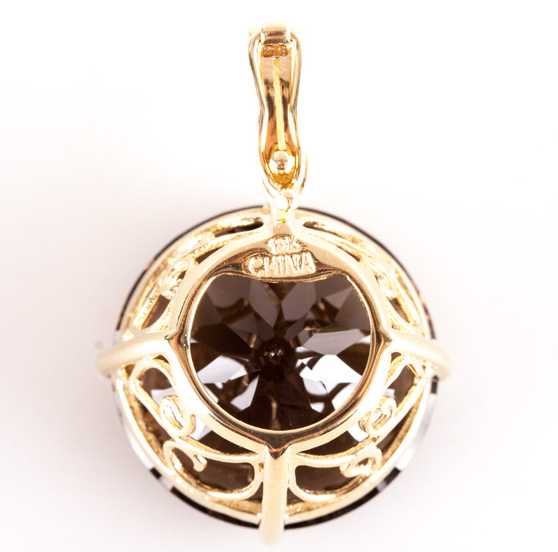 10k Yellow Gold Round Smoky Quartz Solitaire Style Pendant 13.92ct 5.85g
