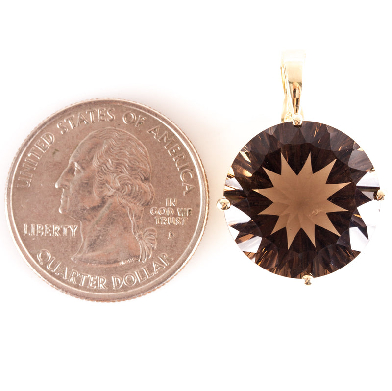 10k Yellow Gold Round Smoky Quartz Solitaire Style Pendant 13.92ct 5.85g