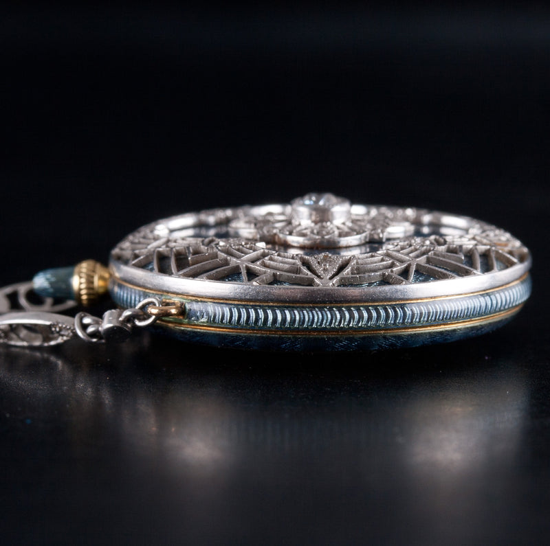 Vintage 1890's Platinum 18k Yellow Gold Diamond Enamel Watch Necklace .375ctw