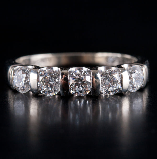 14k White Gold Round F SI2 Leo Diamond Five-Stone Wedding Band Ring 1.01ctw 3.7g