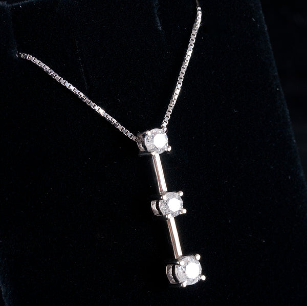 14k White Gold Round Diamond Three-Stone Style Necklace .87ctw 18" Chain 4.15g