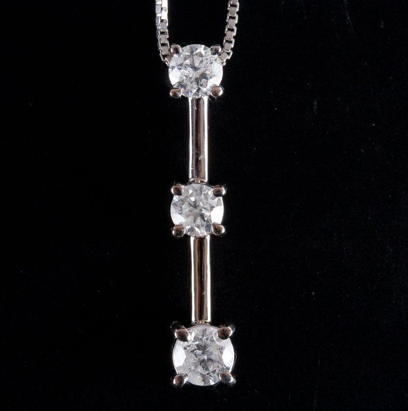 14k White Gold Round Diamond Three-Stone Style Necklace .87ctw 18" Chain 4.15g