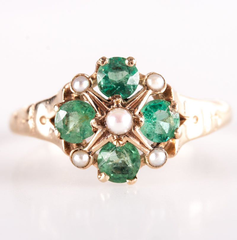 Vintage 1920's 14k Yellow Gold Round Emerald Ring W/ Pearl Accents .64ctw 2.4g