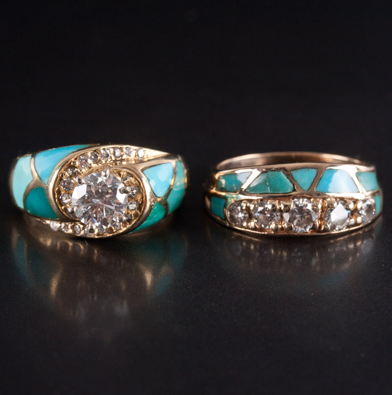 18k / 14k Yellow Gold Diamond Turquoise Engagement Wedding Ring Set 2.08ctw
