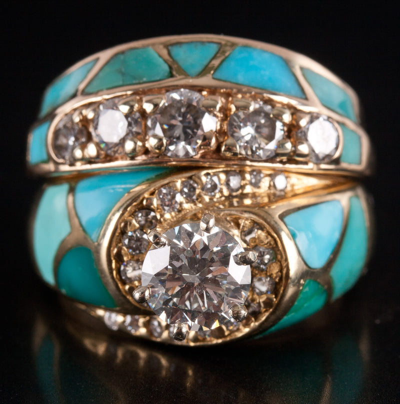 18k / 14k Yellow Gold Diamond Turquoise Engagement Wedding Ring Set 2.08ctw