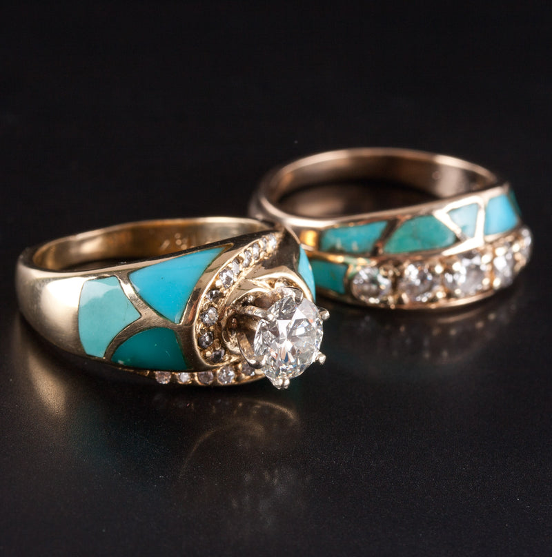 18k / 14k Yellow Gold Diamond Turquoise Engagement Wedding Ring Set 2.08ctw