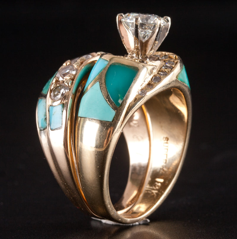 18k / 14k Yellow Gold Diamond Turquoise Engagement Wedding Ring Set 2.08ctw