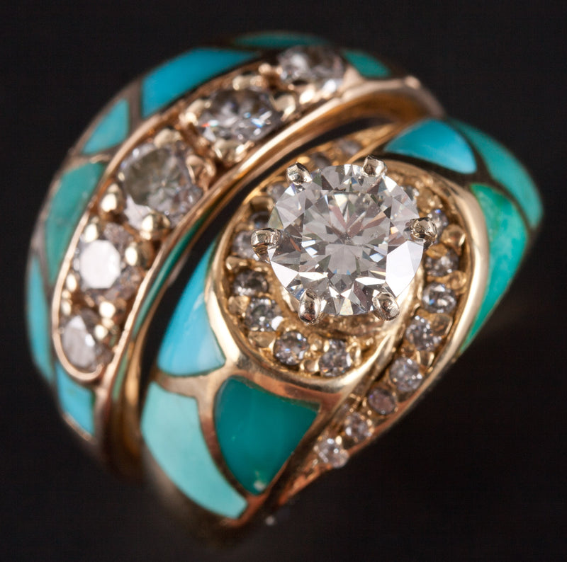 18k / 14k Yellow Gold Diamond Turquoise Engagement Wedding Ring Set 2.08ctw