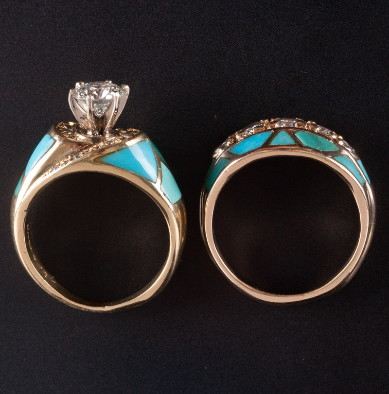 18k / 14k Yellow Gold Diamond Turquoise Engagement Wedding Ring Set 2.08ctw
