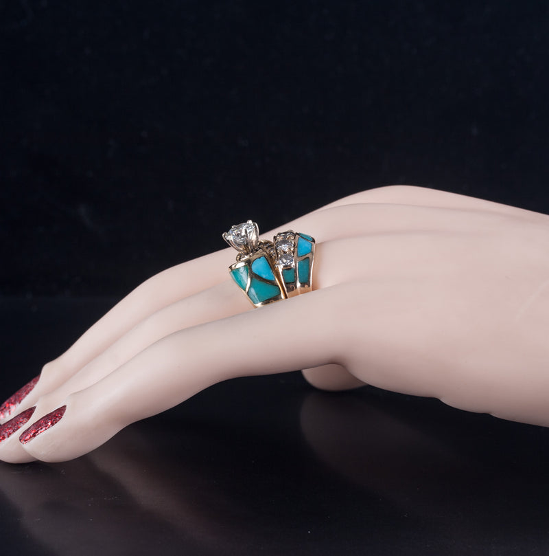 18k / 14k Yellow Gold Diamond Turquoise Engagement Wedding Ring Set 2.08ctw