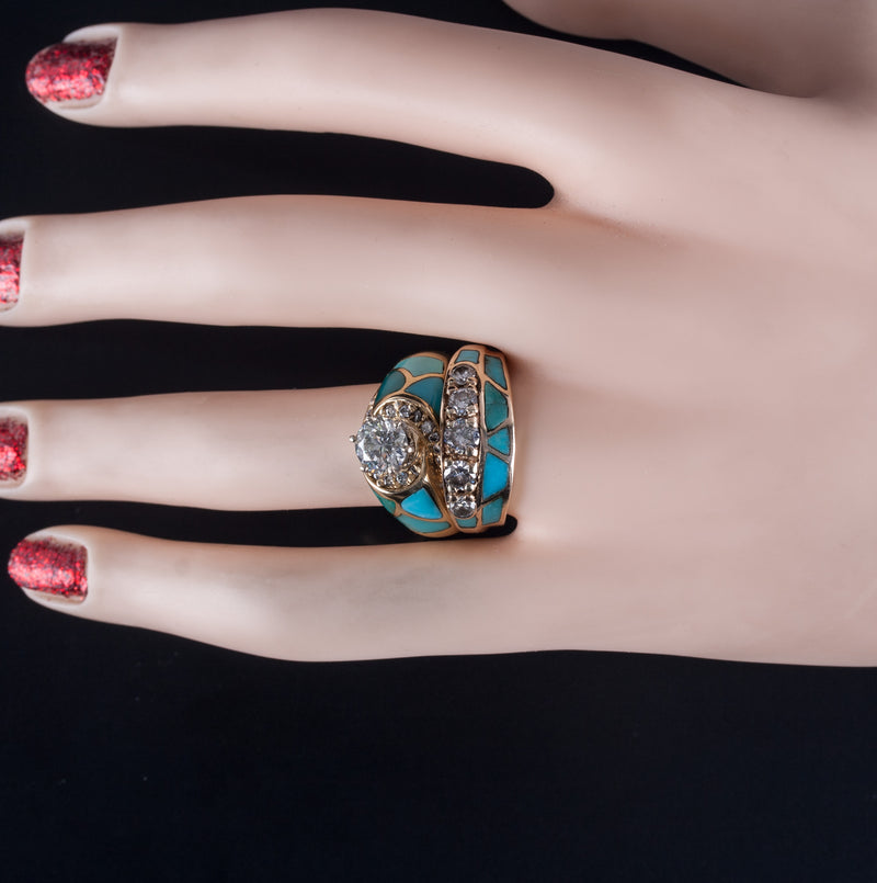 18k / 14k Yellow Gold Diamond Turquoise Engagement Wedding Ring Set 2.08ctw