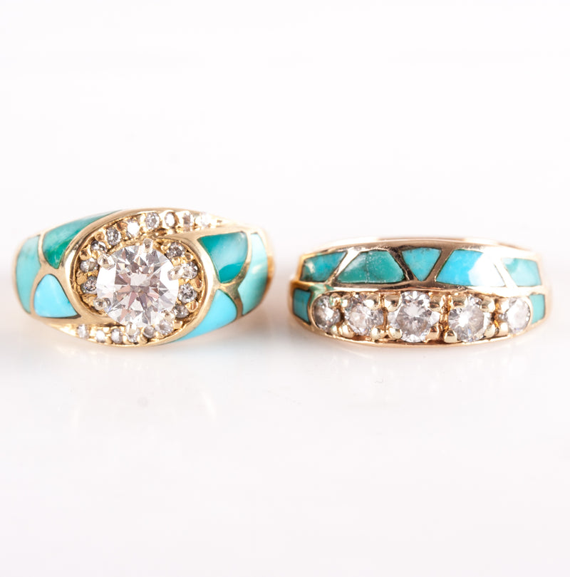 18k / 14k Yellow Gold Diamond Turquoise Engagement Wedding Ring Set 2.08ctw