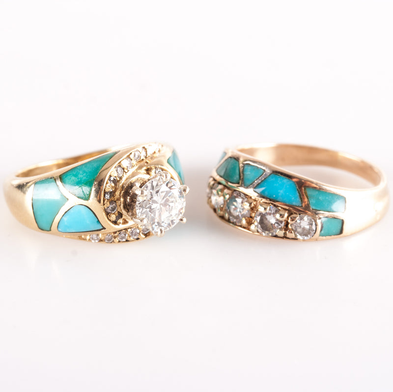 18k / 14k Yellow Gold Diamond Turquoise Engagement Wedding Ring Set 2.08ctw