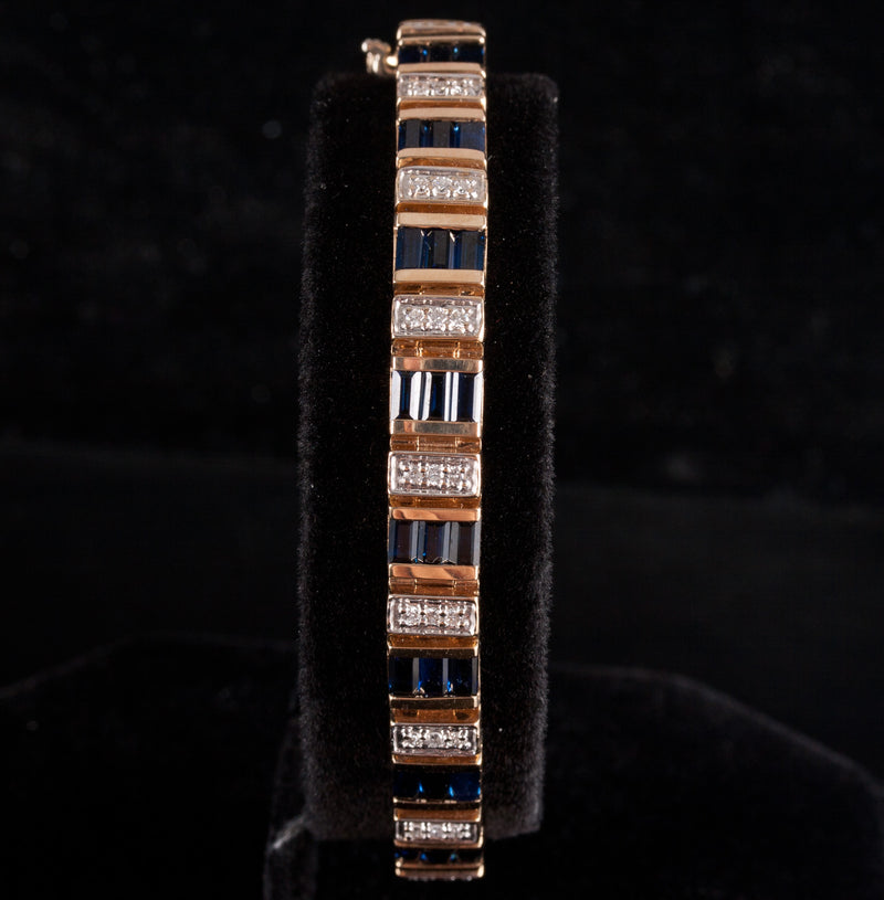 14k Yellow White Gold Baguette Sapphire Diamond Tennis Bracelet 5.40ctw 26.15g