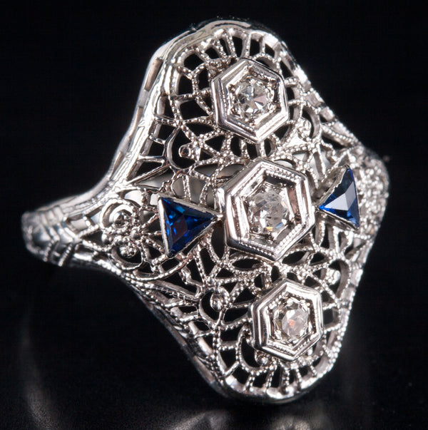 Vintage 1900's 14k White Gold Old Mine Diamond Sapphire Cocktail Ring .20ctw