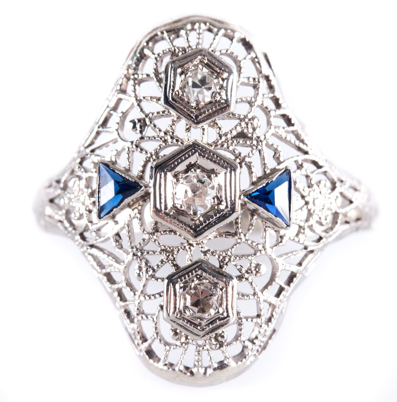 Vintage 1900's 14k White Gold Old Mine Diamond Sapphire Cocktail Ring .20ctw