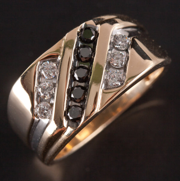 10k Yellow White Gold Round Black Diamond & Diamond Two-Tone Ring .42ctw 5.2g