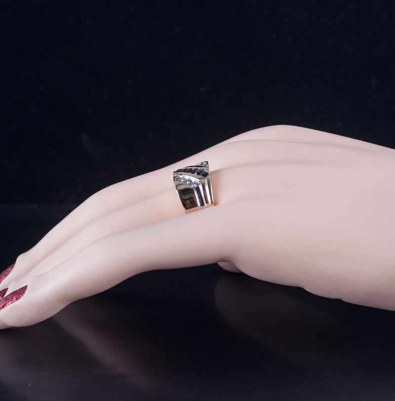 10k Yellow White Gold Round Black Diamond & Diamond Two-Tone Ring .42ctw 5.2g