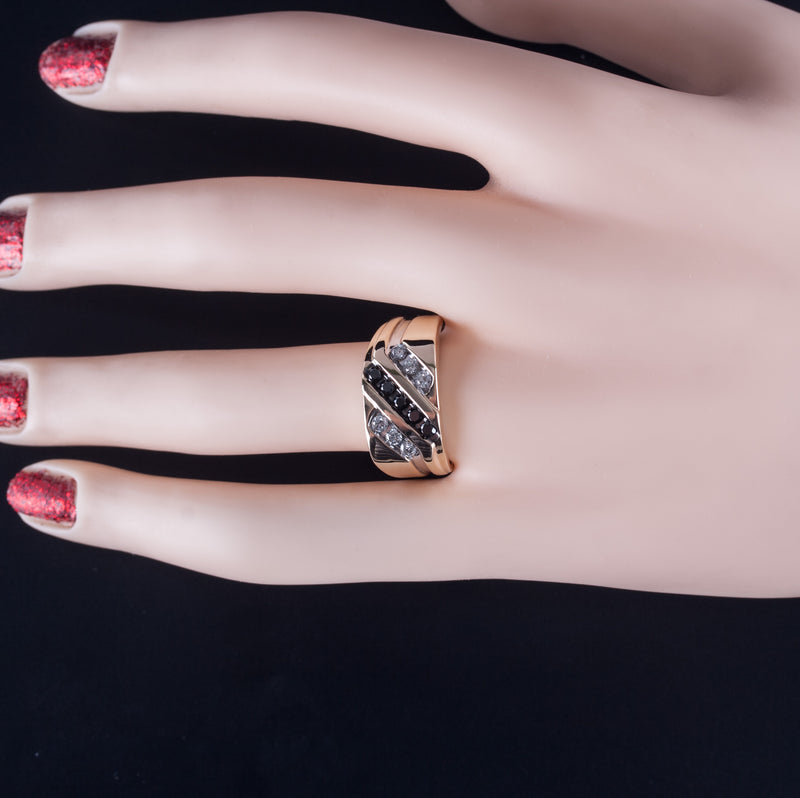 10k Yellow White Gold Round Black Diamond & Diamond Two-Tone Ring .42ctw 5.2g