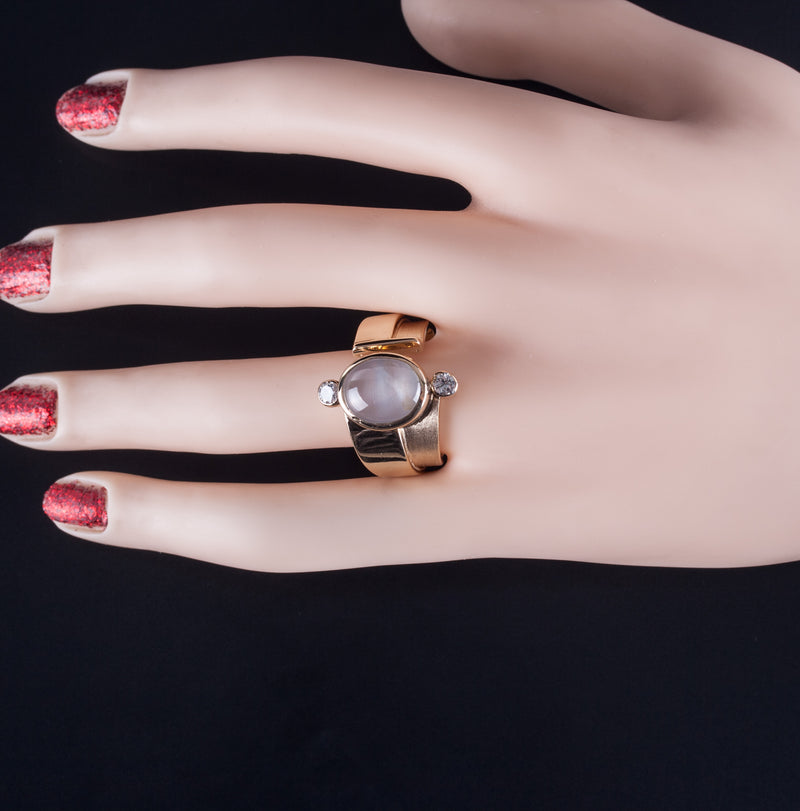 17k Yellow Gold Oval Cabochon Moonstone Diamond Cocktail Ring 4.14ctw 15.05g